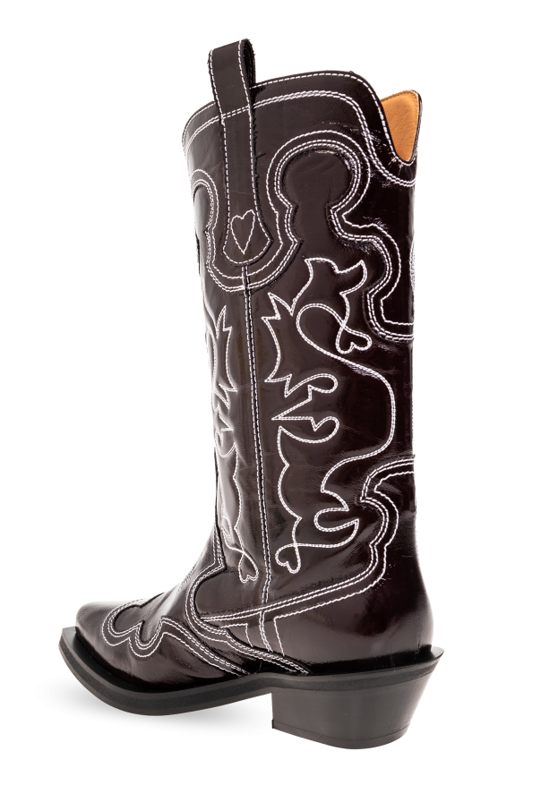 Brown Cowboy boots with an embroidered pattern Ganni